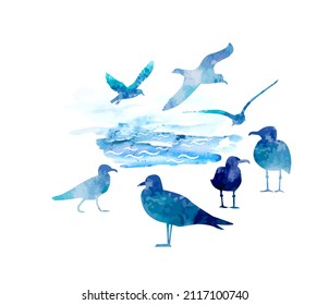 Flying blue watercolor seagulls. Vector illustration