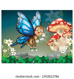 Flying Blue Wings Butterfly On The Top of Rock With White Flower And Mushroom House Cartoon