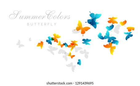 Flying blue and yellow butterflies. Horizontal vector decoration element.