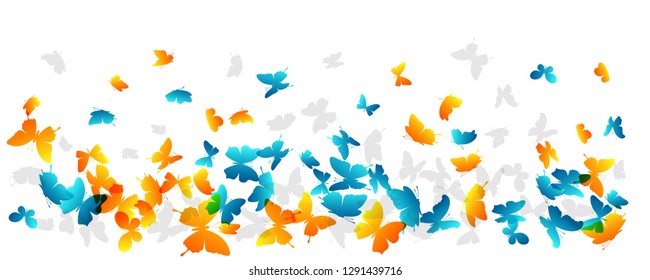 Flying blue and yellow butterflies.. Vector decoration element. Horizontal border