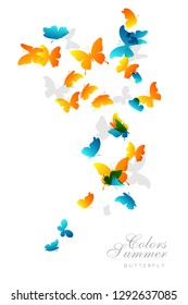 Flying blue and yellow butterflies. Vertical vector decoration element.