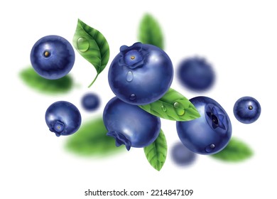 Flying blueberries with leaves and water drops composition with blurred image in background realistic vector illustration