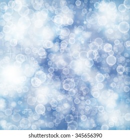Flying blurred out of focus light on a blue background. Vector defocused illustration