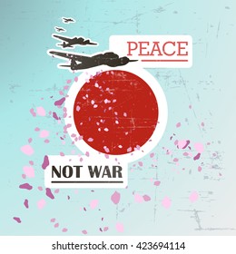  Bombarderos voladores están dejando caer pétalos en el fondo con la bandera de Japón. Símbolo de paz. Detengan la bomba nuclear. Colores principales: azul, rojo, negro. Tiene una textura.