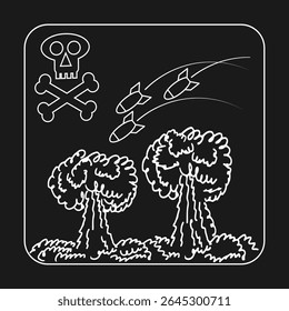 Flying bombs, explosions and skull with crossbones as a symbol of modern war. White doodles and squiggles on a black background. Icon, emblem. Vector illustration
