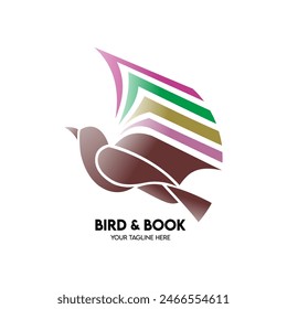 Flying book like bird logo, educational concept. Bird book vector logo. Design illustration of a dove, eagle, phoenix, falcon, sparrow, or parrot