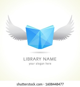 Flying book logo. Isolated abstract graphic design template. Stained glass blue book and birds white wings, creative smartphone application emblem. Educational sign, library symbol. Branding identity.