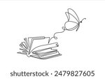 Flying book one line drawing with butterfly. Continuous hand drawn contour vector. Illustration of Creative and freedom.