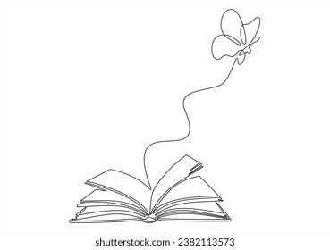 Flying book one line drawing with butterfly. Continuous hand drawn contour vector. Illustration of Creative and freedom.