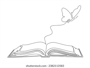 Flying book one line drawing with butterfly. Continuous hand drawn contour vector. Illustration of Creative and freedom.