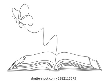 Flying book one line drawing with butterfly. Continuous hand drawn contour vector. Illustration of Creative and freedom.