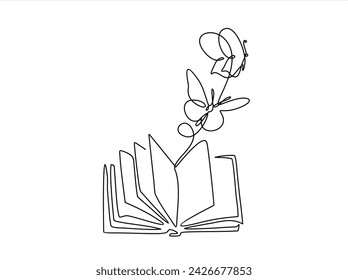 Flying book one line drawing with butterfly. Continuous hand drawn contour vector. Illustration of Creative and freedom.