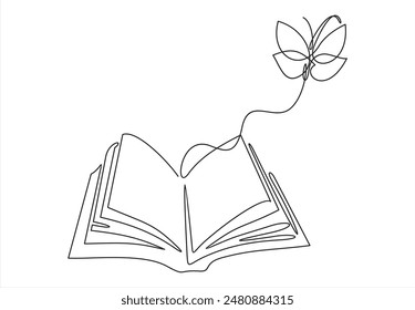 Flying book one line drawing with butterfly. Continuous hand drawn contour vector. Illustration of Creative and freedom.