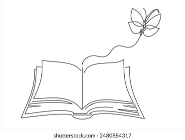 Flying book one line drawing with butterfly. Continuous hand drawn contour vector. Illustration of Creative and freedom.