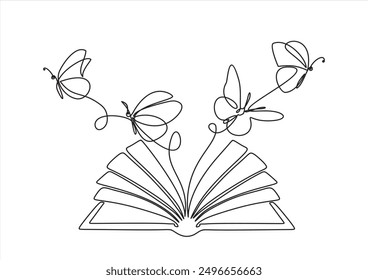 Fliegendes Buch mit einzeiliger Zeichnung mit Schmetterlingen. Konturvektor mit fortlaufender handgezeichneter Linie. Illustration von Kreativität und Freiheit.	