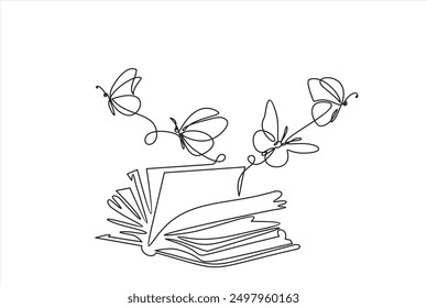 Flying book one line drawing with butterflies. Continuous hand drawn contour vector. Illustration of Creative and freedom.	