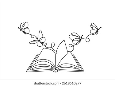 Flying book one line drawing with butterfly. Continuous hand drawn contour vector. Illustration of Creative and freedom.