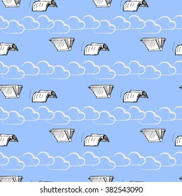 Flying books with clouds. Seamless pattern. Vector sketch. 