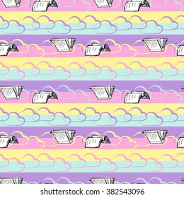 Flying books with clouds. Seamless pattern. Vector sketch. 
