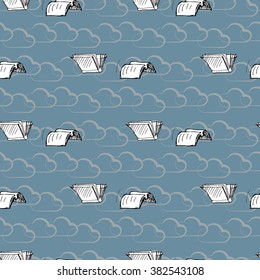 Flying books with clouds. Seamless pattern. Vector sketch. 