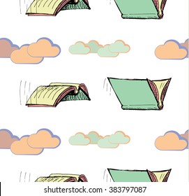 Flying books with clouds. Seamless pattern. Vector sketch