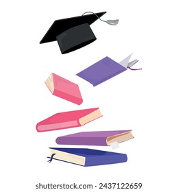 Flying books textbooks and graduate cap vector illustration.Graduation concept.