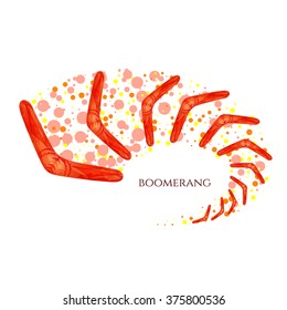 Flying boomerang logo with Australian aboriginal ornament. Imitation of watercolor. Isolated vector illustration.
