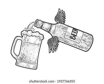 Flying bottle pours beer into glass cup sketch engraving vector illustration. T-shirt apparel print design. Scratch board imitation. Black and white hand drawn image.