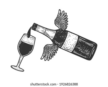 Flying bottle pours wine into glass sketch engraving vector illustration. T-shirt apparel print design. Scratch board imitation. Black and white hand drawn image.