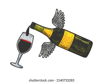 Une bouteille volante verse le vin en croquis en verre et grave l'illustration vectorielle. Conception d'impression de vêtements de T-shirt. Imitation du tableau de défilement. Image dessinée à la main en noir et blanc.