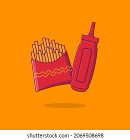 Flying bottle of sauce and french fries floating cartoon style illustration. Food concept