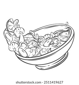 Flying bowl of Asian spicy seafood soup line icon. Outline shrimp and mussels, wave of broth and vegetable ingredients fall into cup. Thai food mascot, hand drawn soup portion icon vector illustration