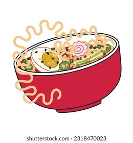 Flying bowl of tasty ramen soup on white background