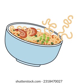 Flying bowl of tasty ramen soup on white background