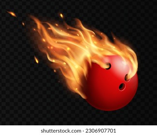 Flying bowling ball with fire flame trails. Bowling club competition, sport recreation or hobby 3d realistic vector background with isolated red bowlingball flying motion in hot fiery, blazing flames