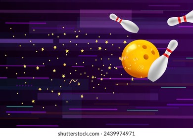 Flying bowling ball with skittles on abstract background. 3d vector illustration 