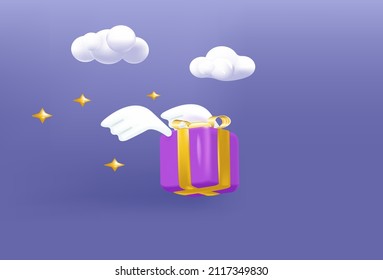 Flying box in 3d style on a purple background. Vector.