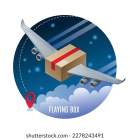 Caja de vuelo, entrega de aire, paquete de paquete de parcelas volando con alas de avión en el cielo nocturno ilustración vectorial icono isométrico sobre fondo aislado azul profundo