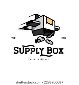 flying boxes drop out food supplies for delivery food vintage logo design inspiration