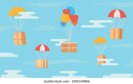 Cajas voladoras en el cielo. Ilustración vectorial del envío en un estilo inusual. Compras y bienes de Internet. 