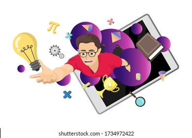 Flying Boy With Studying Icon In Simple Flat  Style Vector, Online Learning With Computer Or Phone Abstract Concept Background. Education In Covid-19 Crisis.