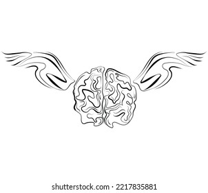 Flying brain with wings line drawing, vector logo, icon, design template. Free mind,emblem,tattoo,fashion print design,hand drawing.Imagination,brain and bird wings. sketch ink.