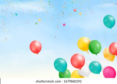 Flying bright Colorful Balloons with confetti, ribbon, serpentine in the blue sky party background. Festive birthday balloons background with space for text. vector illustration.