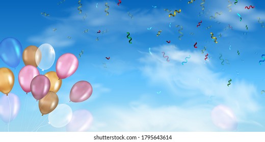 Flying bright Colorful Balloons with confetti, ribbon, serpentine in the blue sky party background. Festive birthday balloons background with space for text. vector illustration.