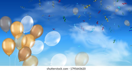 Flying bright Colorful Balloons with confetti, ribbon, serpentine in the blue sky party background. Festive birthday balloons background with space for text. vector illustration.