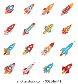  Flying bright space rocket icons set with launch and fire flat isolated vector illustration 