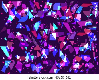 Flying broken particles on a dark background. Triangles, geometric shapes. Interference, glitch art. Vector illustration