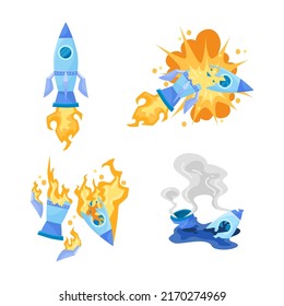 Flying and broken spaceship vector illustrations set. Crashing rocket, wreck or crash as symbol of bad business isolated on white background. Startup, business failure concept