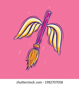 flying Broom cartoon illustration Premium Vector