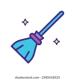 A flying broom icon with sparkling magic in blue and purple tones